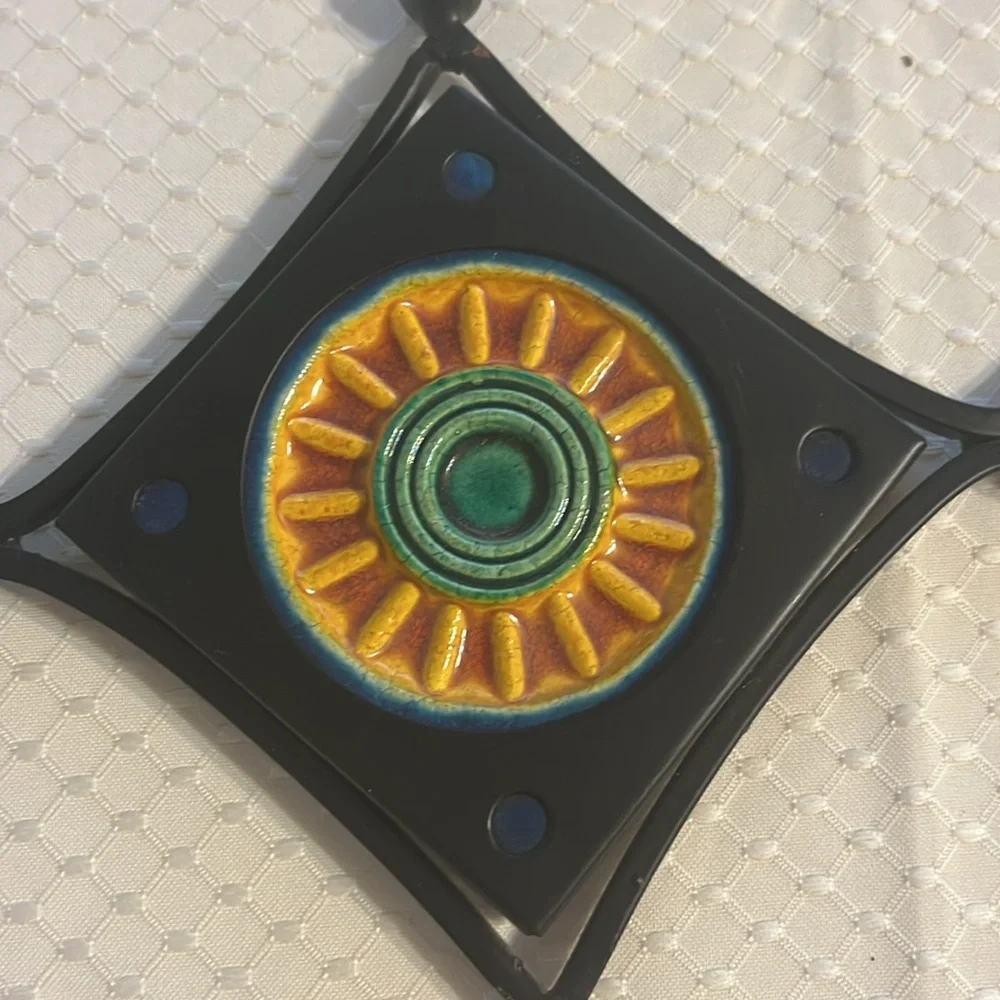 Pair Ceramic Tile Hook Sunburst Suns For Purse Clothes Hanging Key Hanger